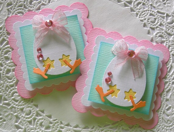 Hatching Egg Scalloped Embellishmet Squares-Pink/Teal-Set of 2