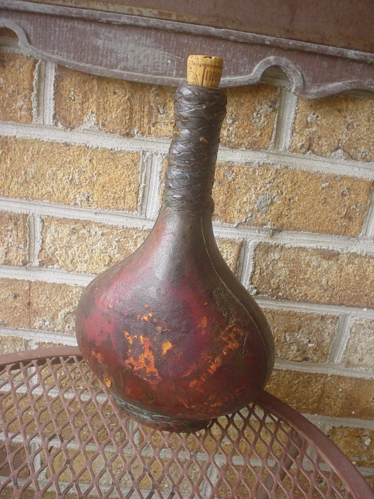 Vintage Leather Wine Bottle Flask Vessel with Cork