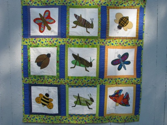 Appliqued Insect Quilt Colorful Grasshoppers Butterflies