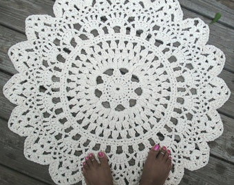 White, Off White or Black Cotton Crochet Doily Rug 30" Non Skid
