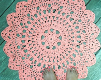Orange Cotton Crochet Doily Rug 30" Non Skid