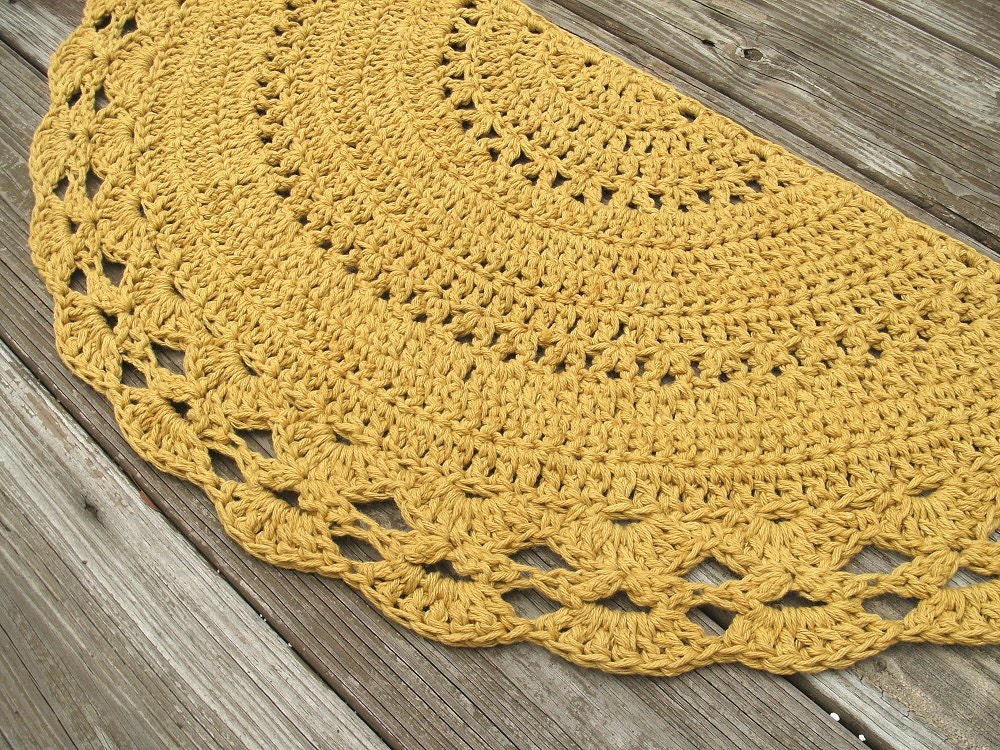 Mustard Yellow Cotton Crochet Rug in Half Circle Non Skid