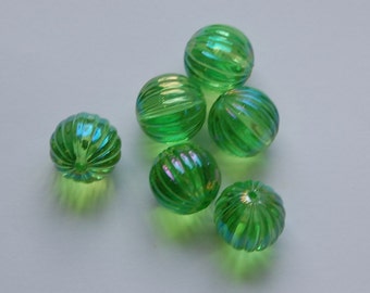 Vintage West German AB Green Pleated Melon Beads14mm bds799A