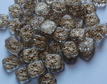 Crystal with Gold Etched Floral Acrylic Tablet Beads bds380L