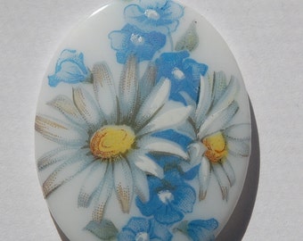 Vintage Blue and White Daisy Flower Glass Cabochon 40x30mm cab687