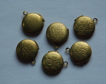 Vintage Raw Brass Round Lockets Etched Flower 13mm (6) lkt002B