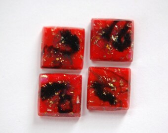 Vintage Red Glass Square Cabochons Swirled with Foil 12mm cab036G