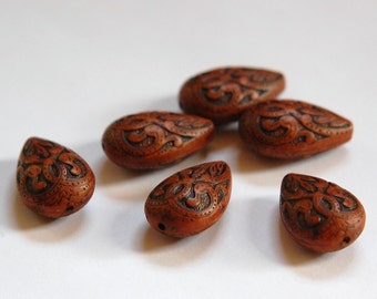 Vintage Style Antiqued Brown Etched Teardrop Beads bds120K