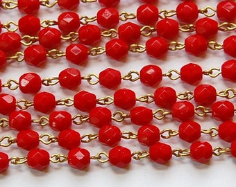 Red Faceted Czech Glass 6mm Bead Chain Raw Brass Links chn123