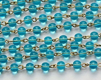 Aqua Czech Glass Bead Chain Raw Brass Links chn131