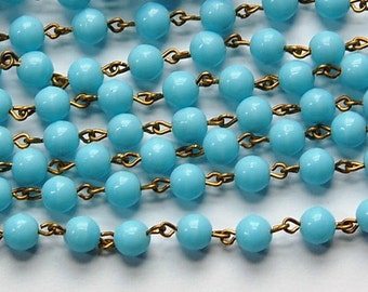 Light Blue Czech Glass 6mm Bead Chain Raw Brass Links chn130