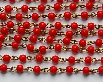 Smooth Red Czech Glass 4mm Bead Chain Raw Brass Links chn116