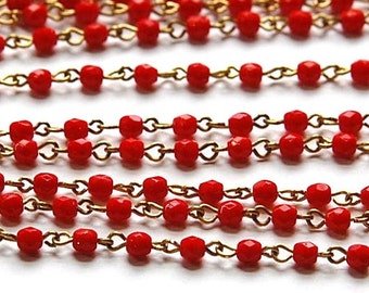 Red Faceted Czech Glass 4mm Bead Chain Raw Brass Links chn122