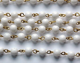Smooth White Czech Glass 6mm Bead Chain Raw Brass Links chn113