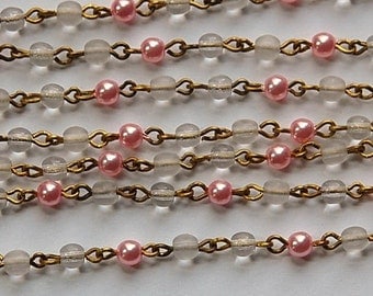 Pink Pearl Clear Czech Glass Bead Chain Raw Brass Links chn135