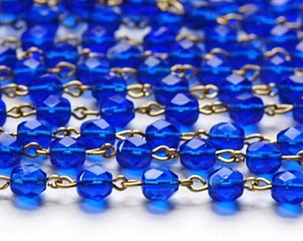 Sapphire Blue Faceted Czech Glass 6mm Bead Chain Raw Brass Links chn109