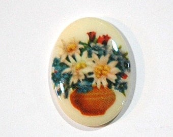 Vintage Glass Cabochon Bowl of Flowers 25x18mm cab680K