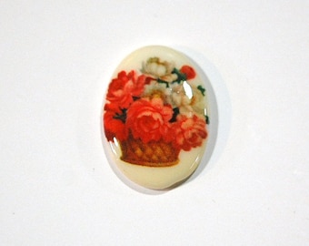 Vintage Glass Cabochon Basket of Flowers 25x18mm cab680H