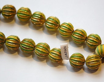 Vintage Brass Melon Beads Painted Green Yellow Japan bds999E