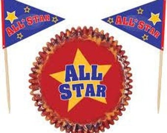 Sports Cupcake Combo Pack (24) Wrapper Liners with Picks All Star Red Blue Yellow