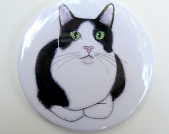 Tuxedo cat art Pocket Mirror - Hand Mirror - Handbag Mirror - Purse Mirror Green Eyes