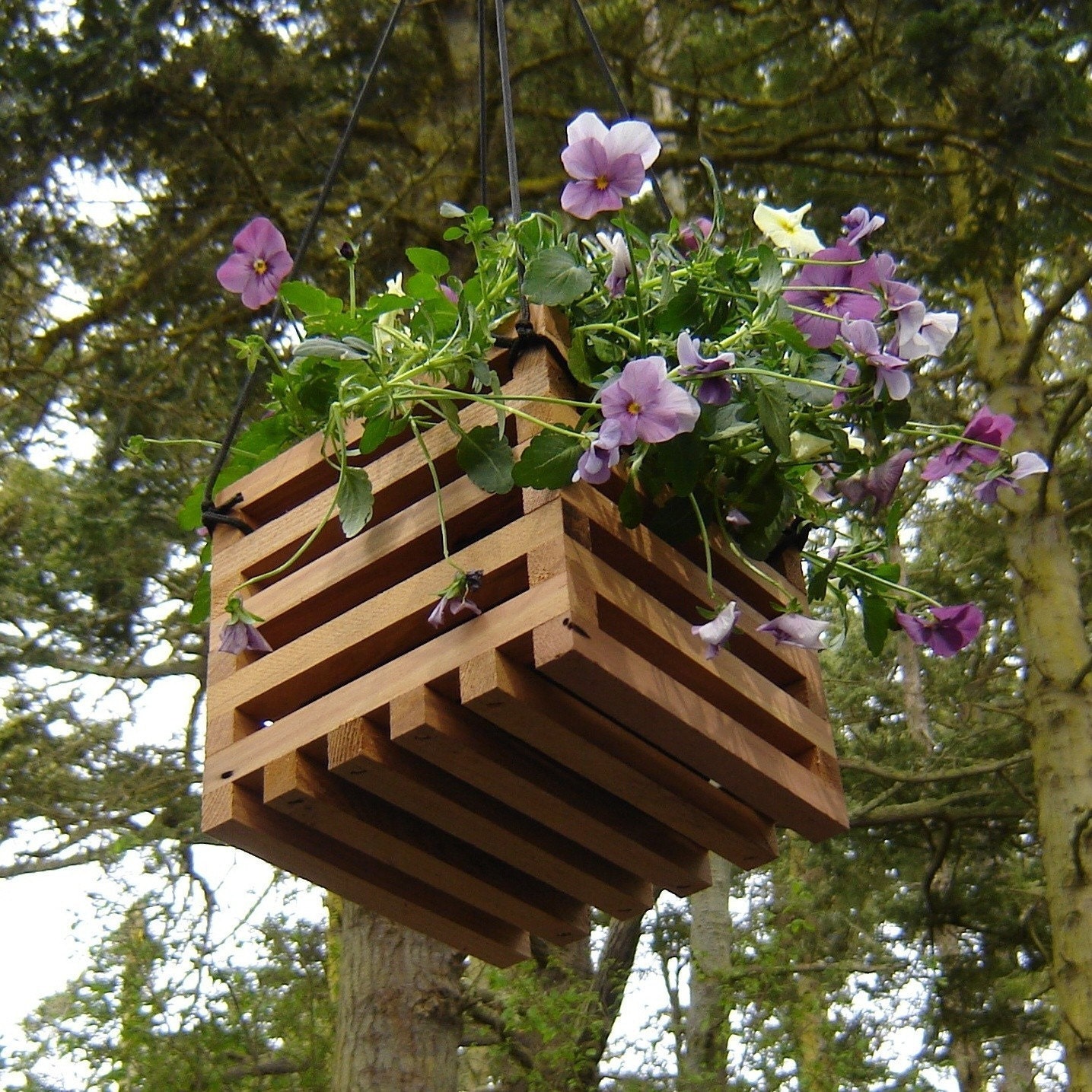 Recycled wood hanging basket planter
