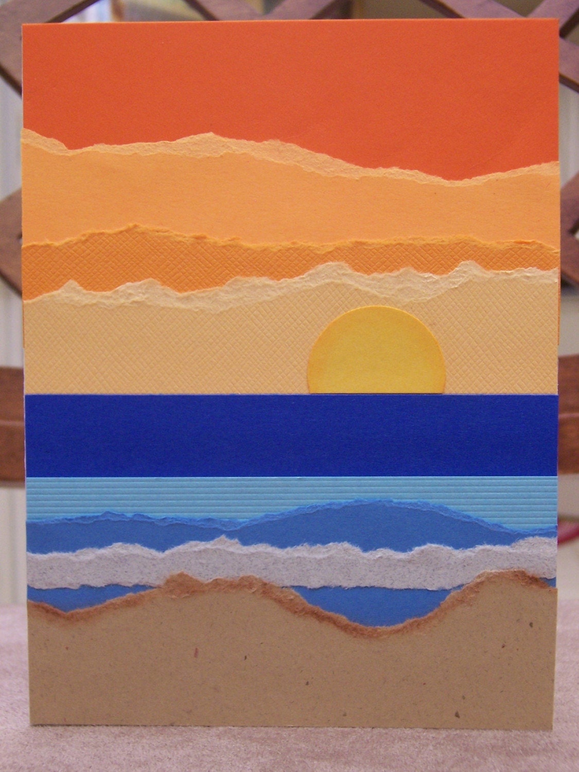 BEACH SUNSET Torn Paper Art Blank Card