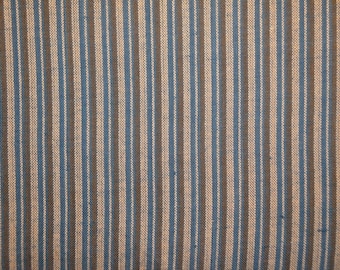 DAMAGED Homespun Fabric | Cotton Material | Stripe Fabric | Blue, Natural And Olive Ticking Stripe | 2 Pieces 41 x 44 and 23 x 44