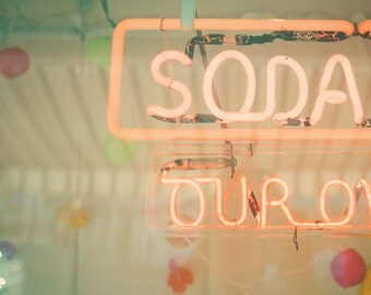 Pink neon sign PHOTO, vintage, soda fountain, summer, coral, honeysuckle, dreamy, pretty in pink, girly, nursery decor, shabby chic