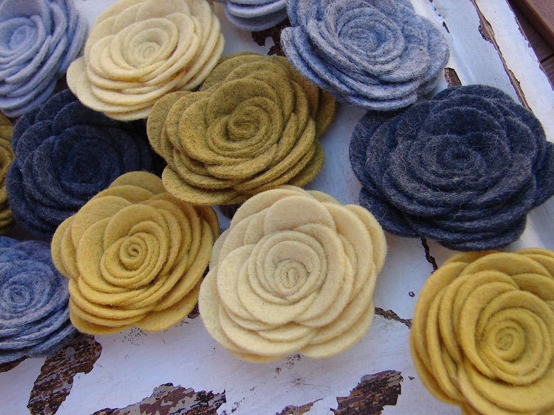 Wool Felt Flowers Set of 12 Large Posies in Yellow & Gray