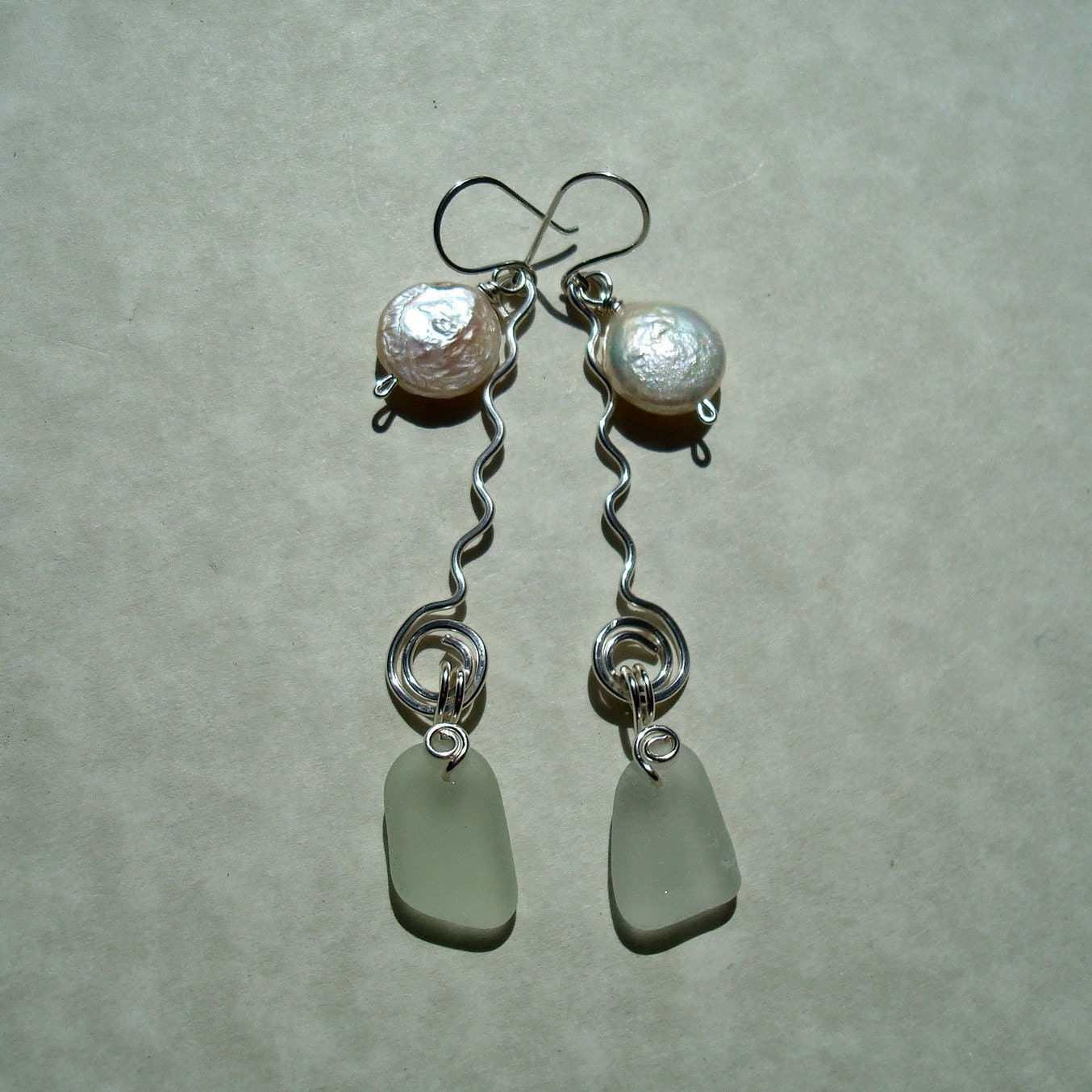 Sea Glass Earrings White Seaglass Freshwater Pearls Wavy   Il Fullxfull.323778191 