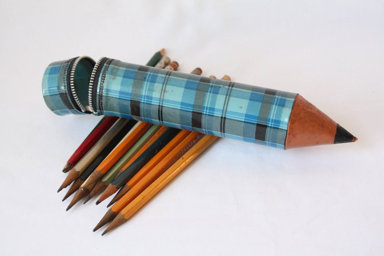 Pencil Shaped Pencil Case Blue Plaid Zippered