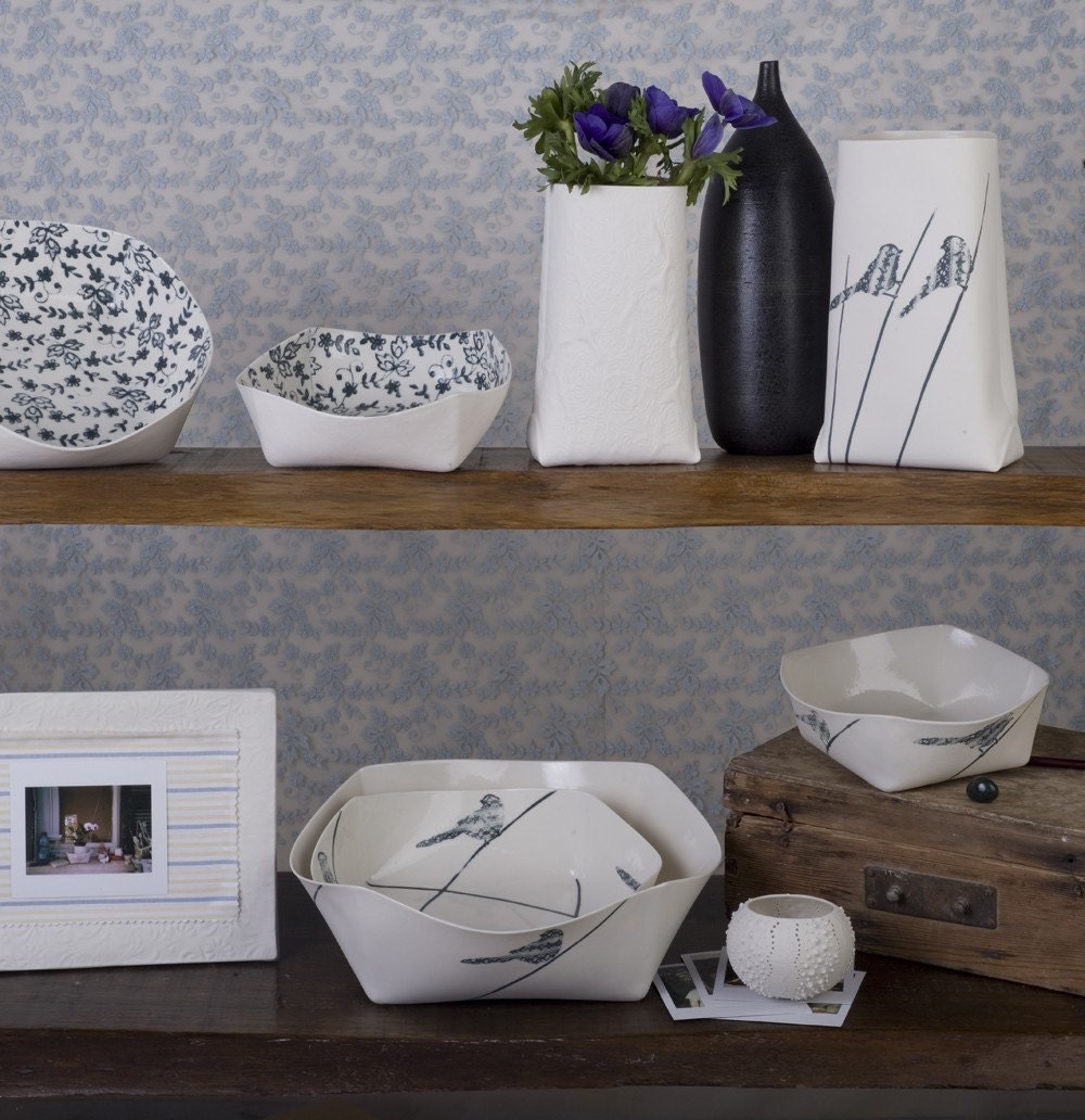 large porcelain vase with black birds. contemporary handmade