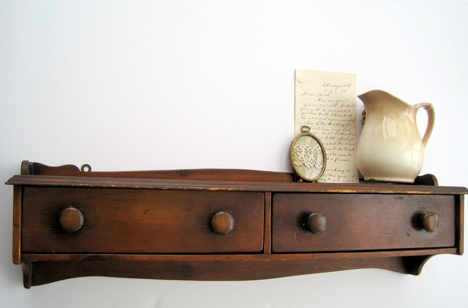 Vintage Farmhouse Large Wooden Wall Shelf with Drawers