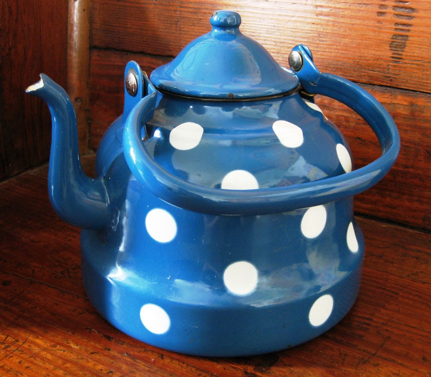 Vintage Blue Enamelware Polka Dot Tea Kettle Teapot