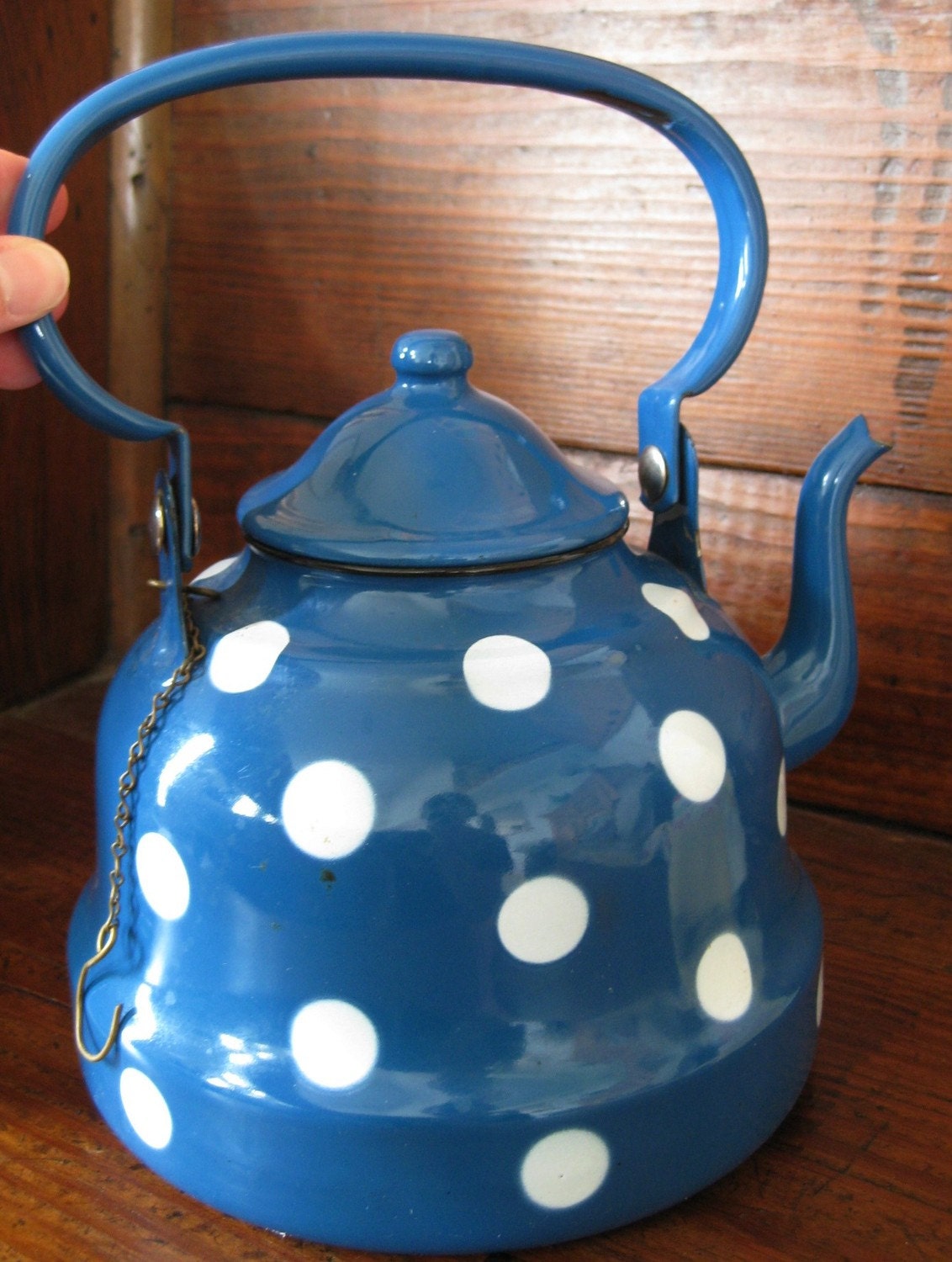 Vintage Blue Enamelware Polka Dot Tea Kettle Teapot
