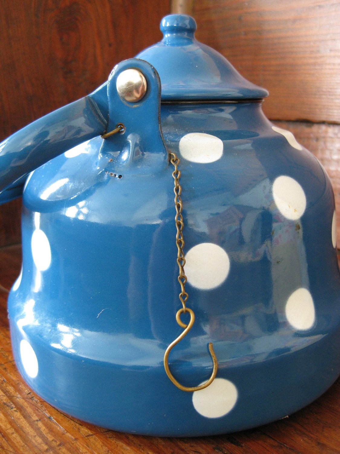 Vintage Blue Enamelware Polka Dot Tea Kettle Teapot