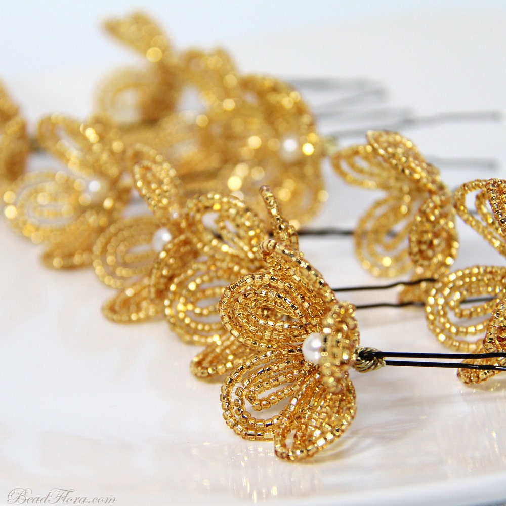 gold French beaded flower hair pins by BeadFloraJewels on Etsy