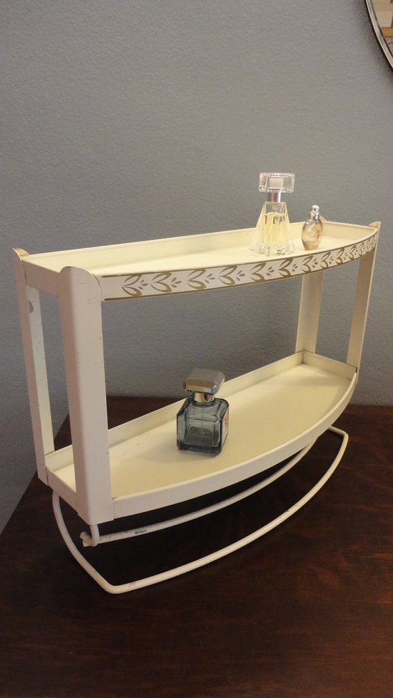 Vintage Metal Bathroom Shelf with Towel Bars Ivory with Gold