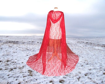 Red Lace Cape - Cloak - Hooded - Wedding - Gothic - Medieval - Vampire- Costume - Renaissance Halloween