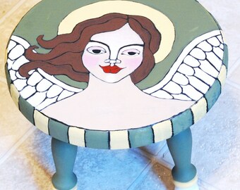 One of a Kind Original Folk Art Angel Painting on Wood Stool