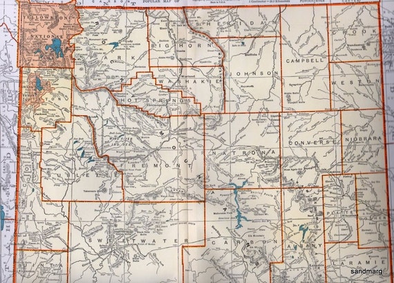 Items similar to 1947 Rand McNally Popular Map of Wyoming and ...