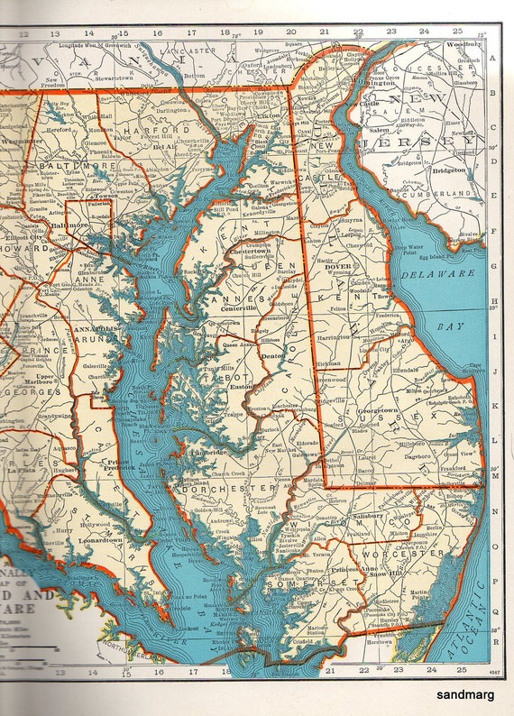 Vintage 1947 Rand McNally Popular Map of Maryland and Delaware