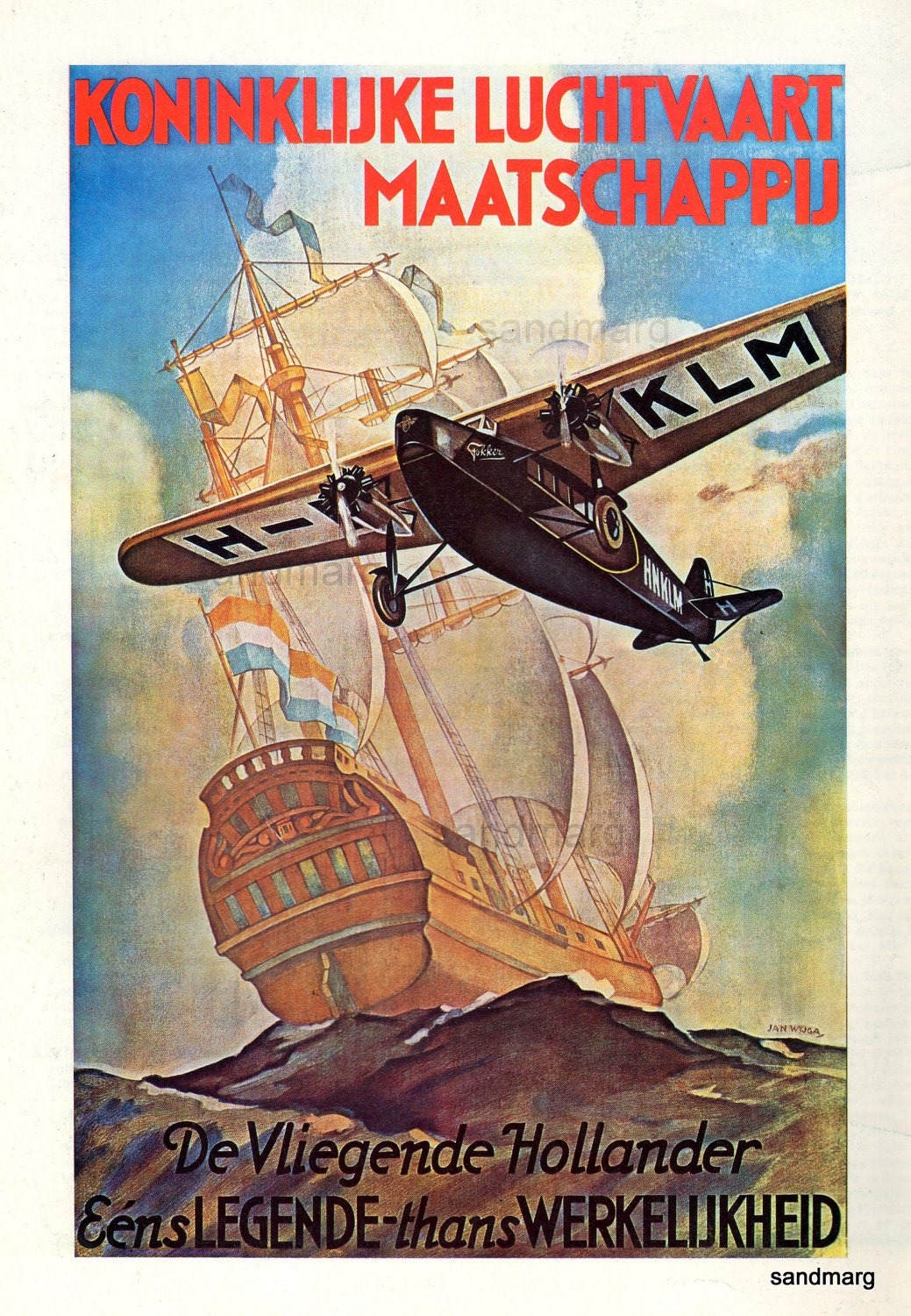 Vintage 1928 KLM Airlines Travel Poster Jan Wijga Reprint