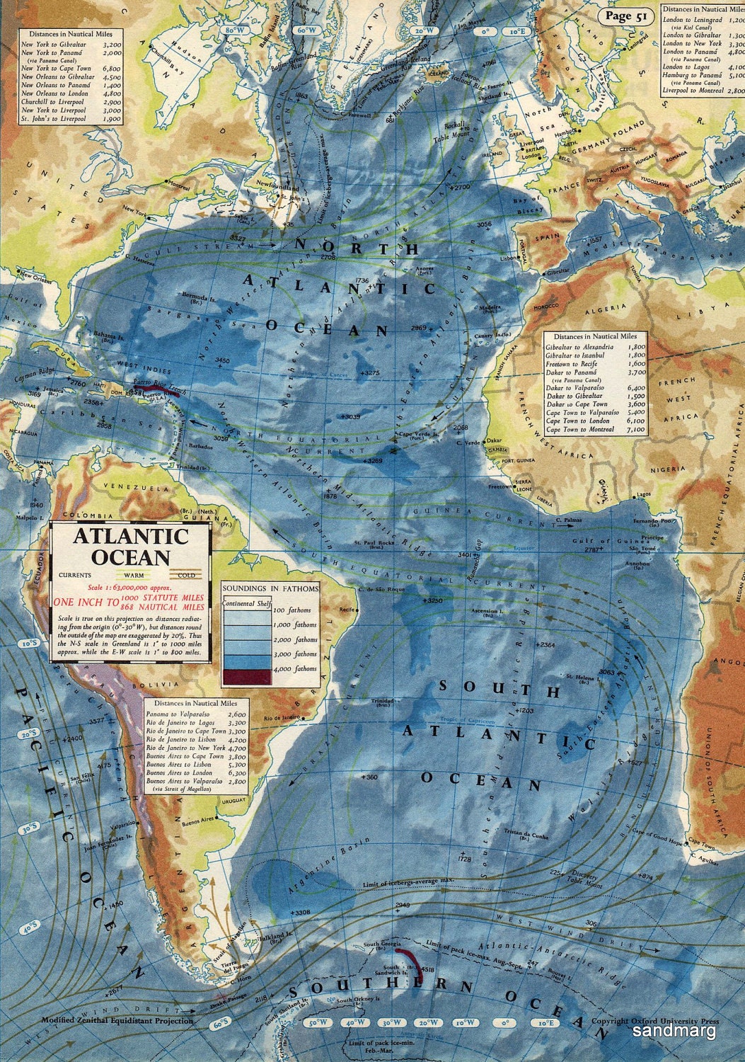 items similar to vintage 1950s map of the atlantic ocean on etsy