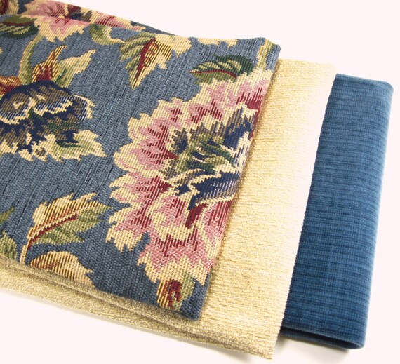 Items similar to Ethan Allen Fabric Samples Blue Floral, Beige Solid