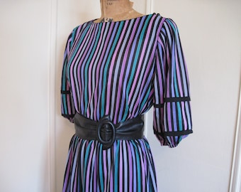 vintage 1980s NEW WAVE Black Striped Secretary Dress - size medium to large, m/l