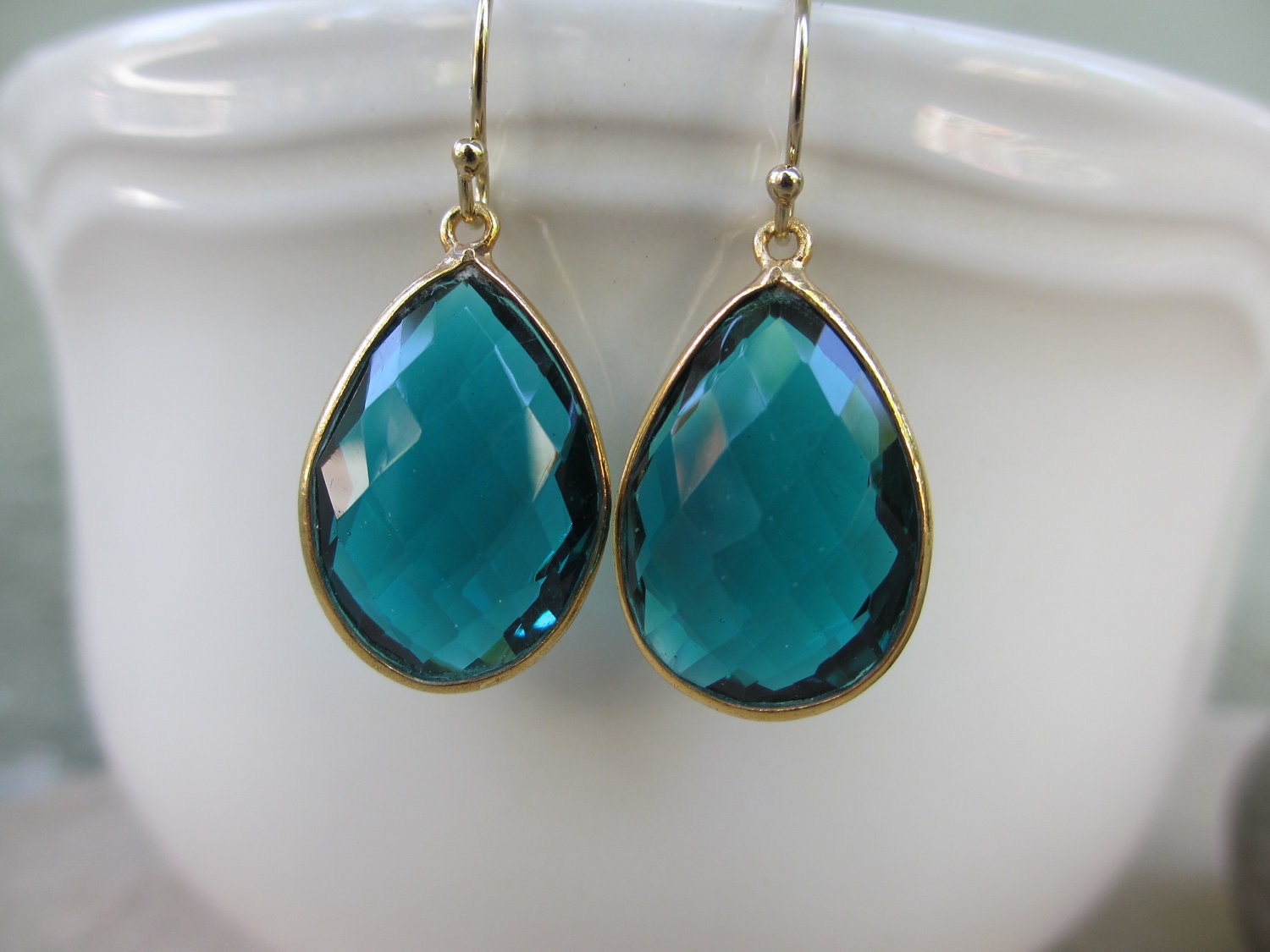 Large Teal Quartz Gold Earrings Teal Earrings Teal Teardrop