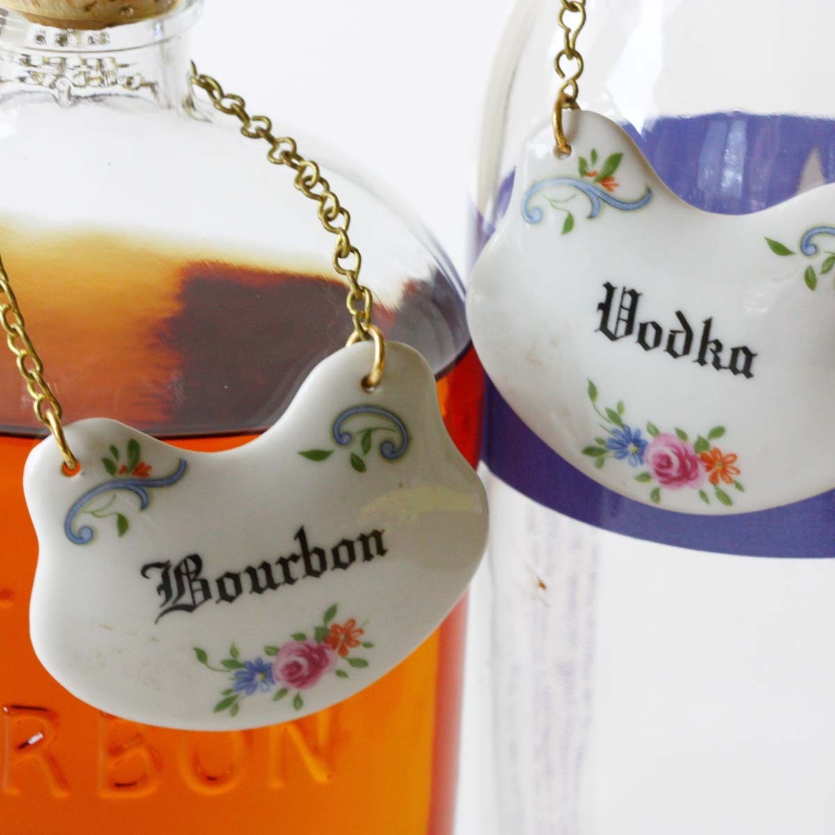 Vintage Limoges China Liquor Bottle Tags Bourbon and Vodka
