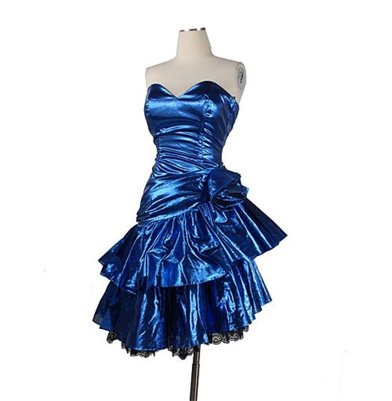 Vintage 80s Strapless Asymmetric Prom Dress Electric Blue